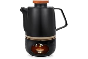 TELANKS Teekanne Keramik mit Siebeinsatz und Stövchen 850ML, Teekanne mit Sieb Herausnehmbar-Schwarz