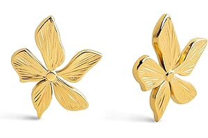 SINGULARU - Pendientes Jasmine. Pendientes Flor de Acero Inoxidable con Baño en Oro de 18Kt. Cierre Tuerca a Presión. Joyas para Mujer
