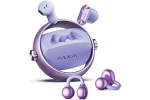 PAXA 2-in-1 Doppel-Set Clip On Kopfhörer Open Ear Kopfhörer Bluetooth 6.0 0ms Verzögerung, 140H Spielzeit, Auto L/R-Erkennung, Hybrid Noise Cancelling für Arbeit/Sport/Tag,Violett