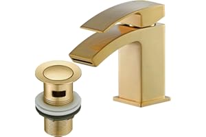Waterfall Bathroom Sink Taps with Drain, BATHWEST Square Basin Taps with Pop Up Waste, Monobloc Brass Bathroom Taps with Sink Plug 322NP (Gold, Medium)