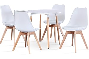 BenyLed - Set di 4 tavoli da pranzo rotondi e sedie a tulipano, set di mobili per casa, ufficio, cucina, balcone (bianco)