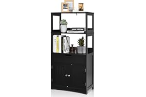 Multigot Kitchen Cupboard, Freestanding Wooden Floor Storage Cabinet with 3 Open Shelves, 1 Drawer and 2 Doors, Bathroom Hallway Storage Organizer Unit (Black)
