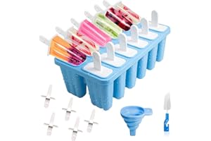 WEKIWGOT Moules à Glace en Silicone, Réutilisables et Sans BPA, Avec Brosse de Nettoyage et Entonnoir en Silicone, Facile à Utiliser pour des Glaces Maison (10 Cavités - Bleu)