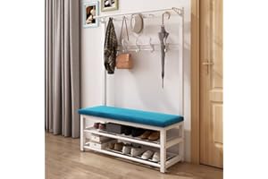 ANGROUPS Appendiabiti da Terra Banco in Metallo con Ripiani Scarpiera per Ingresso Corridoio con Ganci Rimovibili e Panca e Scarpiera, Appendiabiti Autoportante Bianco 100X33X172CM