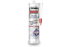 Rubson Mastic Bain & Cuisine Transparence Extrême, Mastic étanche et anti moisissures à base de silicone, Excellente Adhérence sur Tous Les Matériaux, Cartouche 280 ml