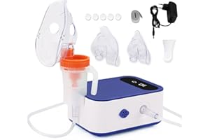 HITHINKMED Aerosol Portatile Silenzioso per Bambini ed Adulti Aerosol Con Display Digitale e 3 Funzioni di Cronometraggio，Ultrasuoni Silenzioso Nebulizzatore A Compressore Con Accessori - Blu