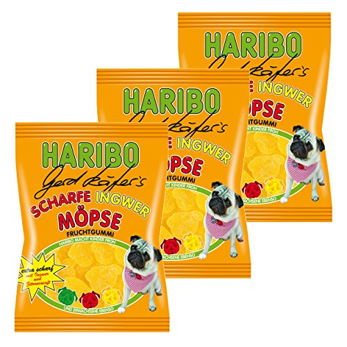 Haribo Gerd Käfer's Möpse Ingwer-Scharf, 3er Pack, Gummibärchen, Weingummi, Fruchtgummi, Im Beutel, Tüte, 150 g