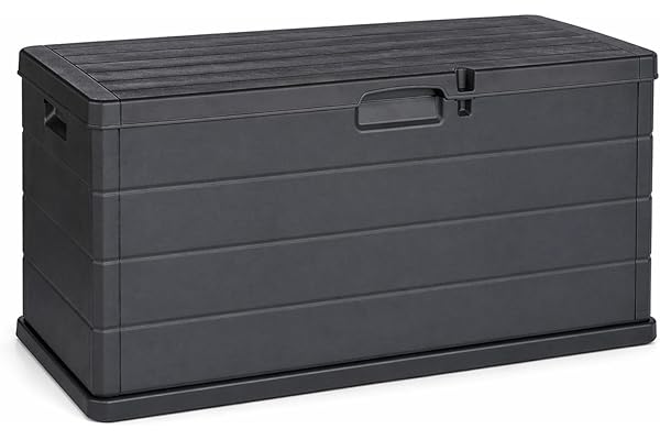 Maury’s Coffre d’extérieur avec capacité de 340 L, effet bois, grand espace de rangement., en résine anthracite, 118 x 59 x 57 cm