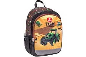 Belmil Kindergartenrucksack mit Brustgurt und Namensschild für 3-6 Jährige/Jungen / 12 L/Krippenrucksack Kindergartentasche Kindertasche/Traktor/Braun, Gelb (305-4/A Farm)