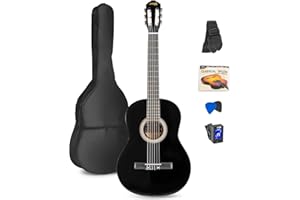 MAX SoloArt Guitarra clasica con cuerdas de nailon para Principiantes Adultos - guitarra flamenca con Funda, Afinador, Púa, Correa y Accesorios - Guitarra Española 4/4 en color negro