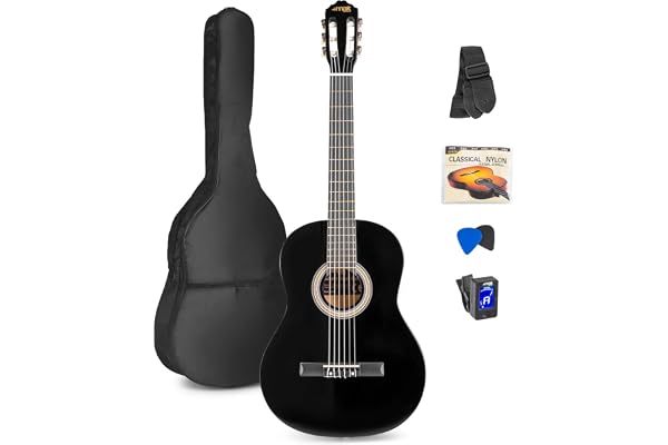 Max SoloArt - Guitare Classique Adulte Débutant - Noir, Cordes en Nylon, Livré avec un Tuner Digital, un Sac de Transport, des Médiators et une Sangle, Idéal pour Musiciens Débutants