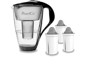 ‎PEARLCO GLAS-Wasserfilter PearlCo (schwarz) mit 3 Protect+ classic Filterkartuschen (f. hartes Wasser) - Made in EU