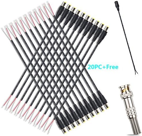 20pcs 1ft Power Pigtail DC Male Wire Adapter Barrel Plug Socket Cables with Free DIY BNC Video Connectors and 12inch female power cable for CCTV Security Camera DVR LED Strip Light