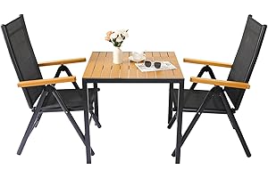 LIFERUN Alu Gartenmöbel Set 3-tlg, Balkonset 2 Stühle 1 Tisch, WPC Gartentisch + 2er Hochlehner Gartenstuhl Klappbar Wetterfest Aluminium Balkonmöbel für Veranden, Innenhöfe, Terrassen, Teakbraune3pcs