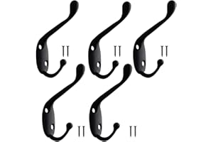 Lanzn 5 PCS Coat Hooks Black Metal Clothes Hooks Vintage Wall Hooks Heavy Duty Dual Coat Hooks Wall Mounted Coat Rack Retro Hat Hooks with 10 Screws for Kitchen Bathroom Bedroom Wall Door Wood Rail