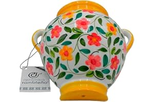 CR CERAMICA RAMBLEÑA CERÁMICA RAMBLEÑA | Maceta Colgante orza | Maceta de Barro para Colgar | Maceta Pared | Amarillo y Blanco | 100% Decorada a Mano | 20x20x14 cm