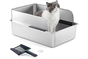 Yangbaga Edelstahl Katzenklo XXL mit Katzenstreuschaufel,Offenes Katzentoilette mit Hohem Rand,Geruchsfreie,Auslaufsicher,Griff Freundlich,60x40x30cm