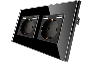 CNBINGO Szklane gniazdko z zestykiem ochronnym z portami USB 2,1 A – wzornictwo styku ochronnego, podwójne gniazdko ścienne ze szklaną ramą – podwójne gniazdko podtynkowe USB w kolorze czarnym