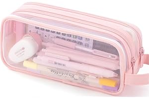DEYAAH Large Clear Mesh Pencil Case Pouch, 2 Compartment Pen Bag Multifunction Pencil Pouch Transparent Makeup Bag for Teen Student College Business Travel Office Adult (Pink)