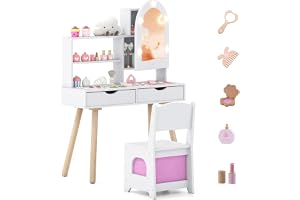 COSTWAY Sminkbord för Barn med LED-spegelskåp – Toalettbord Prinsessa med 3-färg LED-belysning, 2 Lådor, 3 Krokar och Tillbehör – Inkl. Stol – För Barn från 3 År –