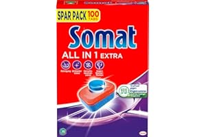 ‎SOMAT Somat All in 1 Extra Spülmaschinen Tabs (100 Tabs), Geschirrspül Tabs für strahlende Sauberkeit auch bei niedrigen Temperaturen, bekämpfen selbst eingetrocknete Rückstände