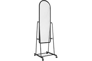 Aigentlich Rollspiegel schwenkbar, Konfektionsspiegel schwarz H157,5 x B45,5 x T52cm, Eleganter Ankleidespiegel mit Gitter-Ablageboden, bogenförmiger Schwenkspiegel