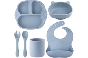 Qshare 6 szt. silikonowy zestaw do karmienia niemowląt z regulowanym śliniakiem, przyssawką, podzielonym talerzem, kubkiem, łyżką i widelcem, zestaw do karmienia maluchów dla chłopców i dziewcząt, bez