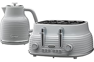 Daewoo Sienna Kettle and Toaster Set, 1.7L 3KW Rapid Boil Kettle & 4 Slice Wide Slot Toaster, Defrost, Reheat, Browning Control, Stylish Grey Breakfast Bundle