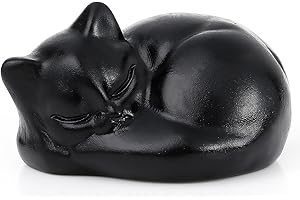 ‎QINJIEJIE QINJIEJIE Black Obsidian Cat Crystals Decor Matt Sleeping Cat Statue Hand Carved Stone Decors Gift Polished Gemstones Figurine Office Room Desk Lucky Decoration for Cat Lover Home