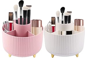 AMZMUKAUP 360 Grad Drehbarer Kosmetikorganizer, 2 Stück Make Up Organizer Lidschattenpinsel Lippenstift Etui, Kosmetik Organizers für Zimmer Decor Frisiertisch, Schlafzimmer, Bad (Rosa+Weiß)
