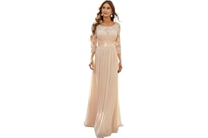 Ever-Pretty Vestito Donna Elegante Cerimonia 3/4 Manich Stile Impero Maxi Linea ad A Pizzo Chiffon Abiti da Damigella EP07412