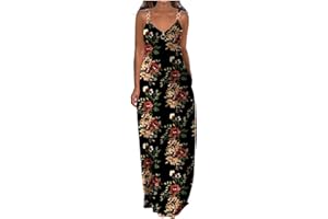 AMHOMELY Women Dress Sale Clearance Summer Dresses Casual Boho Solid Color Hoop Sling Beach Long Maxi Dress With Pockets UK Ladies Dress Party Elegant Beach Dress Club Cocktail Work Dresses Evening Gowns