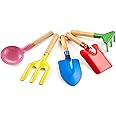 Aptoper Kids Gardening Tools Set, 8" Safe Beach Sandbox Toy Made of Metal with Sturdy Wooden Handle Gardening Equipment Fork, Trowel, Rake & Shovel for Children (5 Pcs)