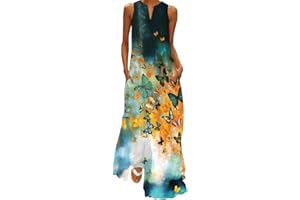 WINKEEY Vestito Lungo da Donna Stampa Floreale Farfalla Elegante Estivo Bohémien Etnico Vestito Taglia Grossa Senza Maniche con Tasca