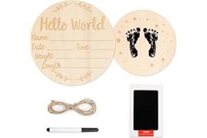 KTXABY Wooden Baby Announcement Sign,Round Wooden Hello World Baby Sign,Newborn Welcome Sign,Comes with Ink pad with Baby Hand and Footprints Newborn Photo Prop Sign, Nursery Baby Name Sign