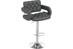 HOMCOM Swivel Bar Stool with Extra Large Seat, PU Leather Upholstered Adjustable Barstool with Back, Arm and Footrest, Breakfast Bar Chair for Bistro, Kitchen, Grey