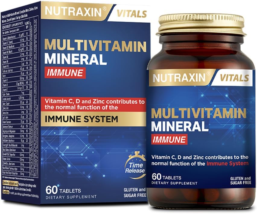 Nutraxin Multivitamin & Mineral Immune | 12 Vitamin + 8 Mineral | Bağışıklık Sistemi ve Enerji Desteği | Şeker ve Gluten İçermez | 60 Tablet