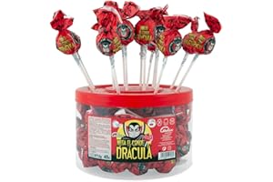 Caramelos Cerdán - Caramelo con Palo Gigante El Conde Drácula Sabor Cereza | Caramelo Duro Relleno de Chicle Sin Gluten ni Alérgenos | Ideal para Fiestas y Cumpleaños | Tarro de 45 Unidades