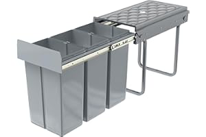 NAIZY Sistema de separación de basura extraíble, cubo de basura de cocina de 3 compartimentos, cubo de basura empotrado con riel telescópico y tapa, cubo de basura para eliminación de residuos (3x10L)