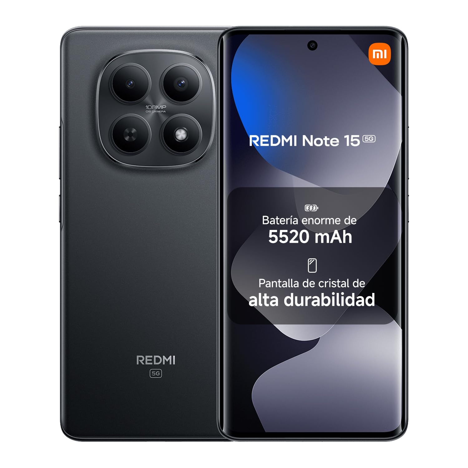 XIAOMI REDMI Note 15 5G - Smartphone de 8+256GB, Pantalla AMOLED FHD+ de 6,77", Snapdragon 6 Gen 3, cámara de 108 MP, batería de 5520 mAh, Cargador no Incluido, Negro (Versión ES) | 25098RA98G, DS
