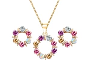 QKEPCY Conjuntos de Joyas Flores para Mujeres Cristales Colorido Redondo Juego de joyas Collar y Pendientes Conjuntos Novia Boda Joyería para Mujeres y Niñas