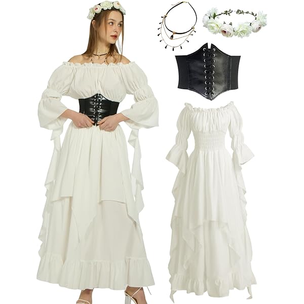 Women's Medieval Costume Renaissance Long Dress with Corset Off Shoulder Blouse Belt and Purse Vintage Victorian Costume for Carnival Cosplay Medieval Party (Brown, S