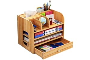 NUODWELL Organiseur de bureau, grand organiseur de bureau en bois avec tiroir pour crayons, rangement pour bureau, maison et école, 32 x 26 x 22,5 cm couleur naturelle