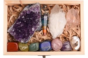 AITELEI Juego de 11 cristales curativos, kit de piedras de chakras en caja de regalo, amatista natural, racimo de piedras curativas de cristal, mineral en bruto, siete chakras, péndulos, piedra terapéutica