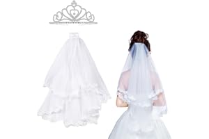 Sipiris Velo da sposa, Doppio Strato Ricamo Pizzo Bordo Decorazione Velo da sposa Corona e velo Set Matrimonio Morbido Tulle Bianco Avorio Lungo Fascia Corta Pettine