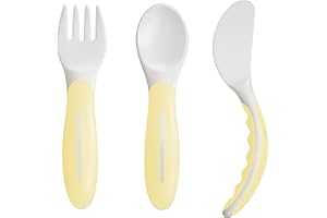 MAM Sztućce do nauki jedzenia składający się z noża, widelca i łyżki, 3-częściowy zestaw sztućców z antypoślizgowymi uchwytami, bezpieczne sztućce dla dzieci lewo- i praworęcznych, od 6+ miesięcy,