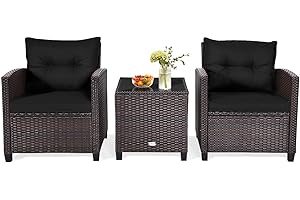 ‎GOPLUS GOPLUS 3tlg. Balkonmöbel Set, Polyrattan Gartenmöbel Set, Terrassenmöbel Set mit 1 Tisch & 2 Stühlen, Lounge Set mit Kissen, Gartengarnitur Sitzgarnitur Sitzgruppe für Garten & Balkon (Schwarz)