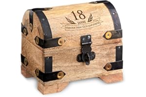 Casa Vivente Geld-Schatztruhe aus Holz mit Gravur zum 18. Geburtstag, Hell, Bauernkasse, Schmuckkästchen, Spardose, Aufbewahrungsbox