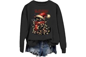 HUIFUAO Hope Your Christmas Is Meowy och Bright Christmas sweatshirts för kvinnor söt svart katt tryck jul toppar rolig pullo