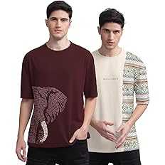 BULLMER Trendy Front and Back Printed Oversized Round Neck T-Shirt for Men - Pack of 2